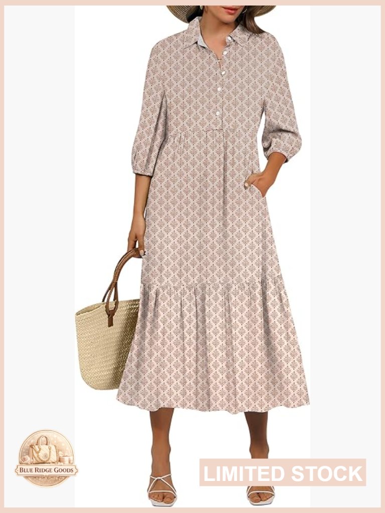 Floral Print Maxi Dress Boho Casual 3/4 Puff Sleeve V Neck Summer Beach